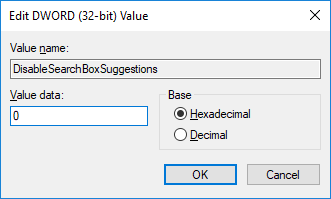 Windows 10 でエクスプローラーの検索履歴を有効にするには、値を 0 に設定します。