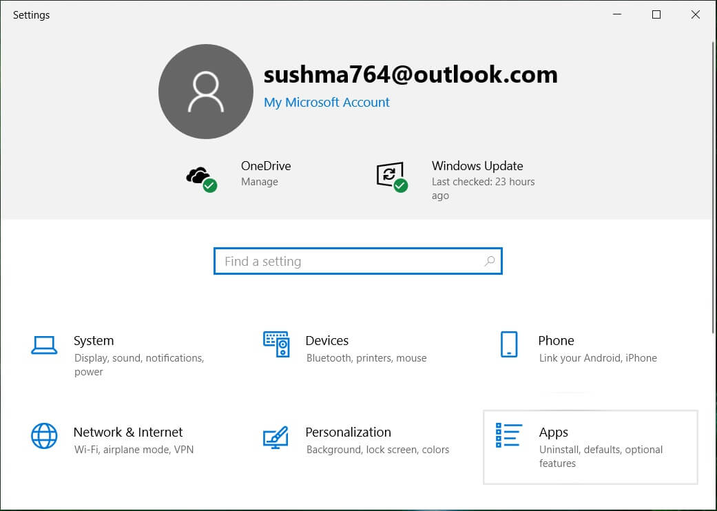 Windows キー + I を押して[設定]を開き、[アプリ]をクリックします。