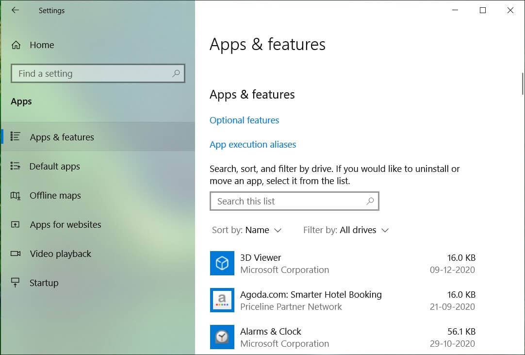 システムにインストールされているすべてのアプリケーションのサイズと名前を確認する |  Windows 10 アプリを別のドライブに移動する方法