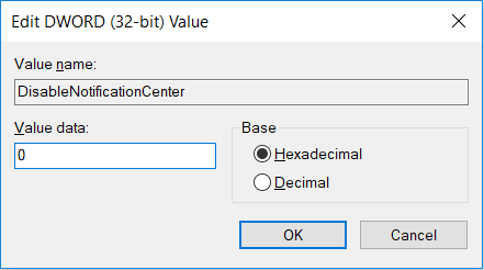 この新しく作成された DWORD の名前として DisableNotificationCenter と入力します。