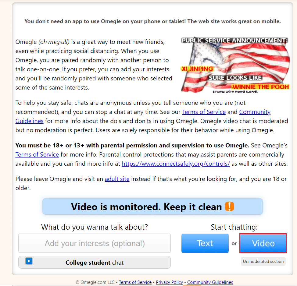 Omegle ホームページの[ビデオ]オプションをクリックします。  Omegle カメラ設定の使用方法