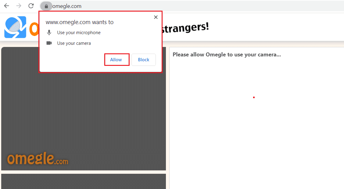 プロンプトで[許可]をクリックして、Omegle にマイクとカメラを使用します。  Omegle カメラ設定の使用方法