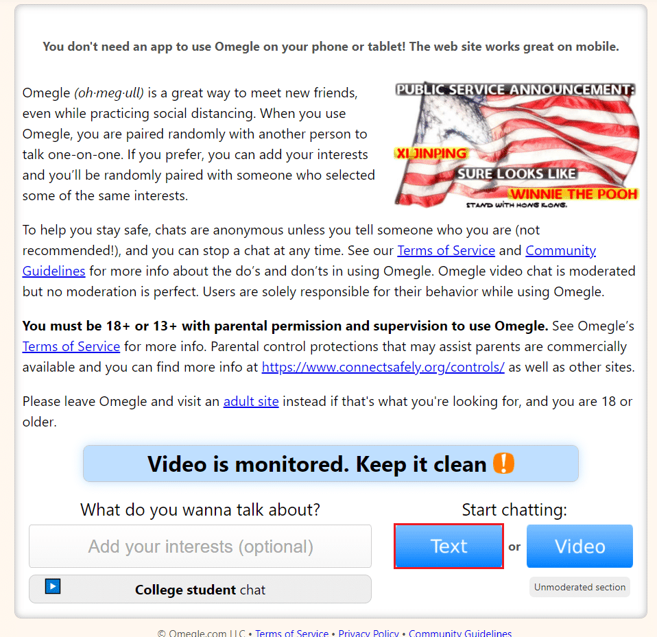 Omegle ホームページの[テキスト]オプションをクリックします