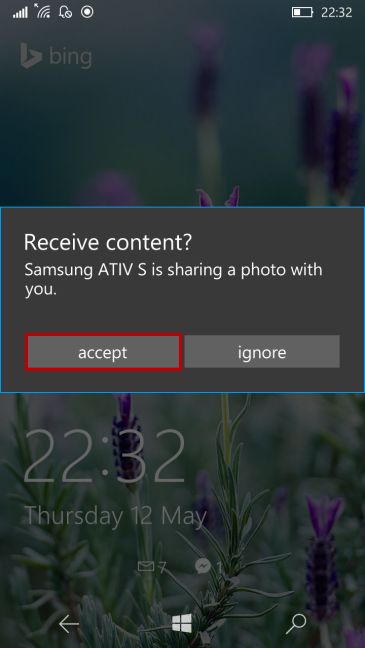 Windows 10 Mobile、Bluetooth、受信、ファイル、検索