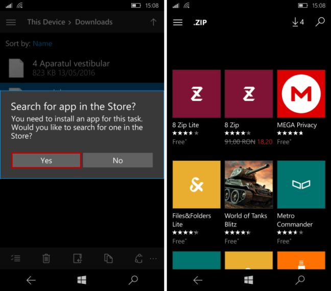 Windows 10 Mobile、Bluetooth、受信、ファイル、検索