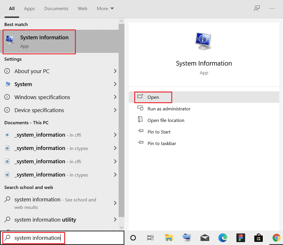 Windowsキーを押してシステム情報を入力し、[開く]オプションをクリックします。