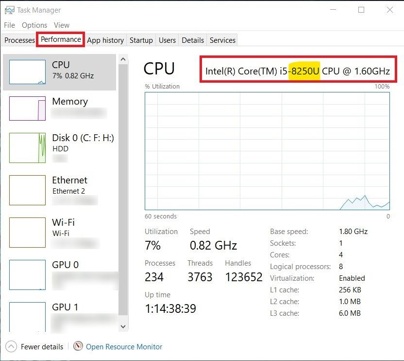 タスク マネージャーの[パフォーマンス]タブで CPU の詳細を表示します。 ラップトップの Intel プロセッサの世代を確認する方法