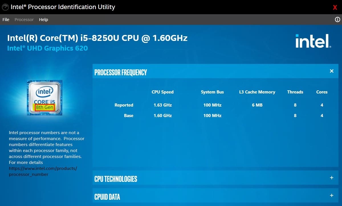 Intel Processor Identification Utility、強調表示されたテキストは CPU の世代です