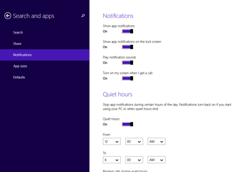 Windows 8.1、静かな時間、時間、通知、通話、シャットダウン