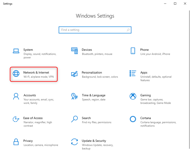 Windows 10 の設定 - ネットワークとインターネットに移動します