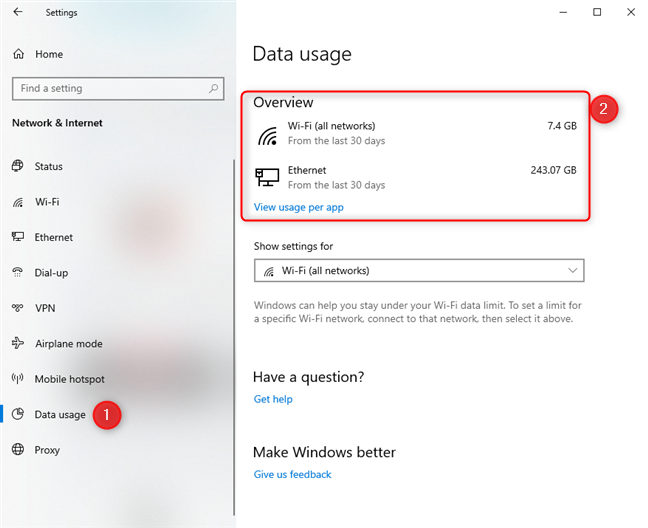 Windows 10 の設定 - データ使用量に移動