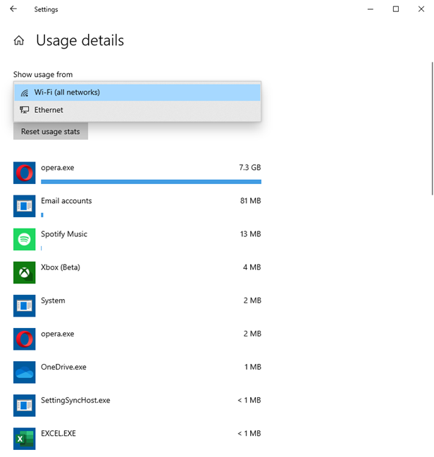 データ使用統計をイーサネットまたはセルラーに変更する