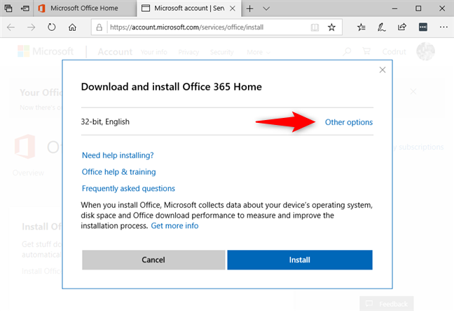 デフォルトの Office 365 32 ビットの代わりに他のオプションを選択する