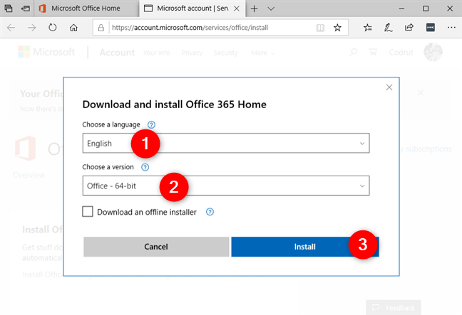 言語を選択してから Office 365 の 64 ビット バージョンを選択する