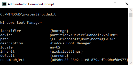 bcdedit と入力し、Enter キーを押します