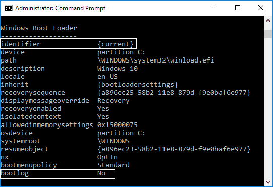 ブートログで、有効か無効かを確認し、Windows 10 の識別子をメモします。