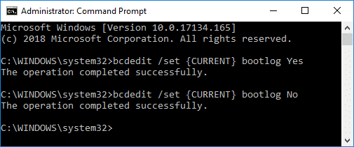 Bcdedit を使用してブート ログを有効または無効にする