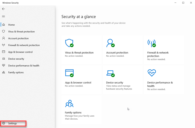 Windows セキュリティ:[設定]をクリックまたはタップします。