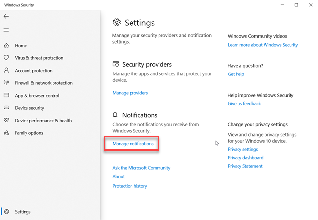 Windows セキュリティの通知を管理する