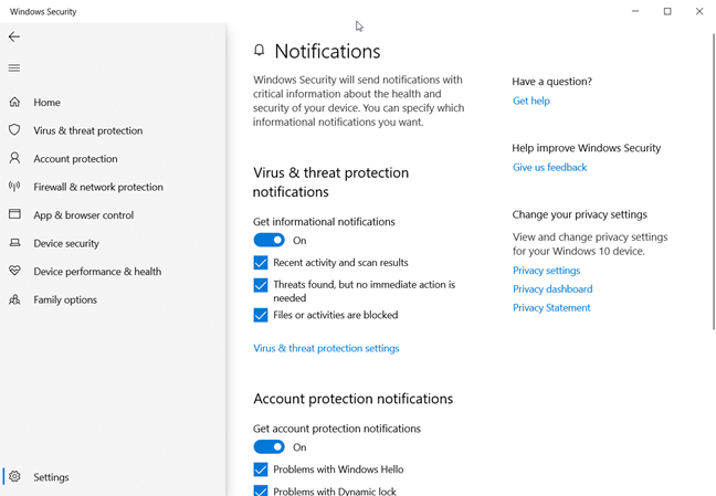 Windows セキュリティ通知設定