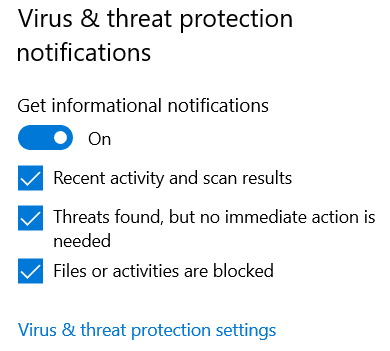 Windows セキュリティ - ウイルスと脅威の防止の通知