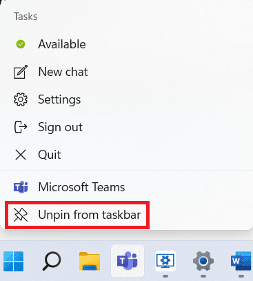 タスクバーのコンテキスト メニューから Microsoft Teams の固定を解除します。  Windows 11 でアプリをタスク バーにピン留めする方法
