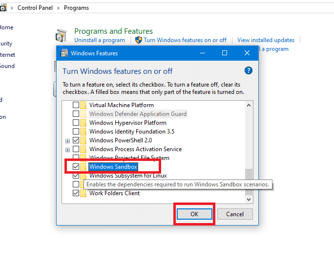 Windows 10 サンドボックスを有効または無効にする