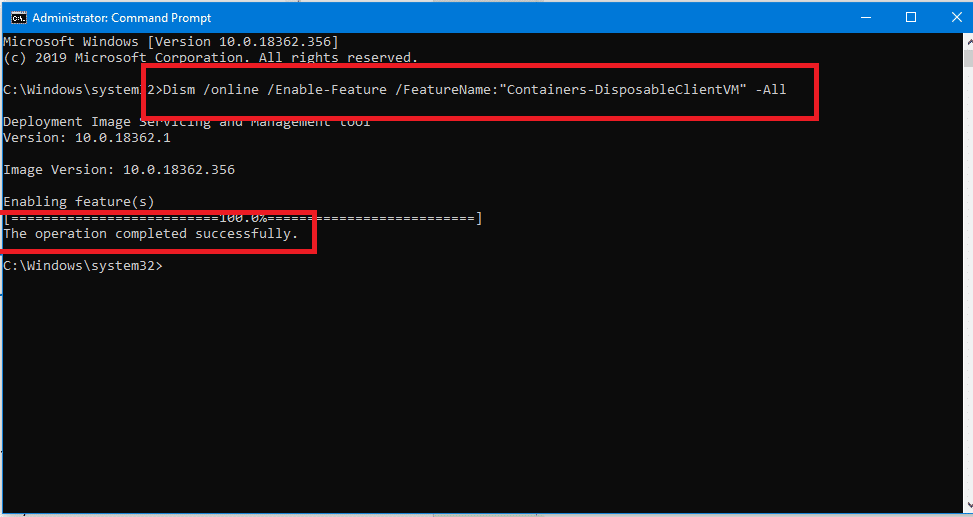 Dism online Enable-FeatureFeatureNameContainers-DisposableClientVM -All |  Windows 10 サンドボックスを有効または無効にする