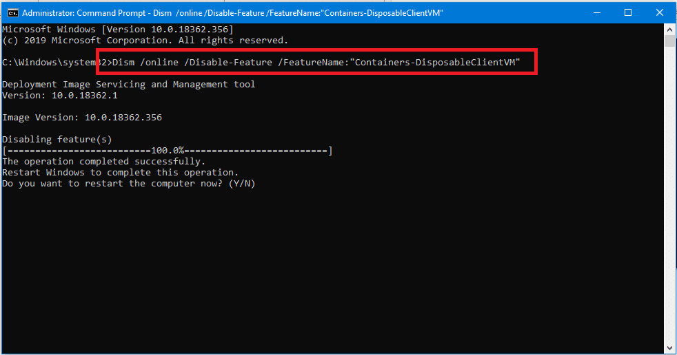 Dism inline Disable-Feature FeatureNameContainers-DisposableClientVM