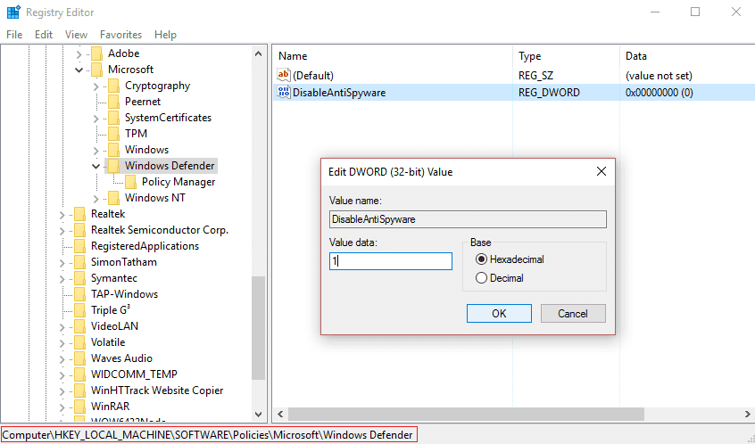 Windows Defender を無効にするには、disabledantispyware の値を 1 に変更します。