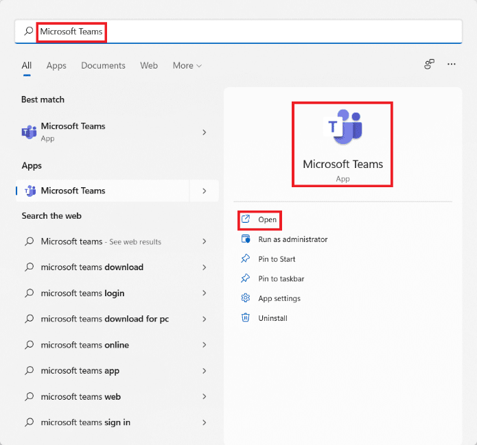 Microsoft Teams のスタート メニューの検索結果。  Windows 11 で Microsoft Teams が自動的に開かないようにする方法