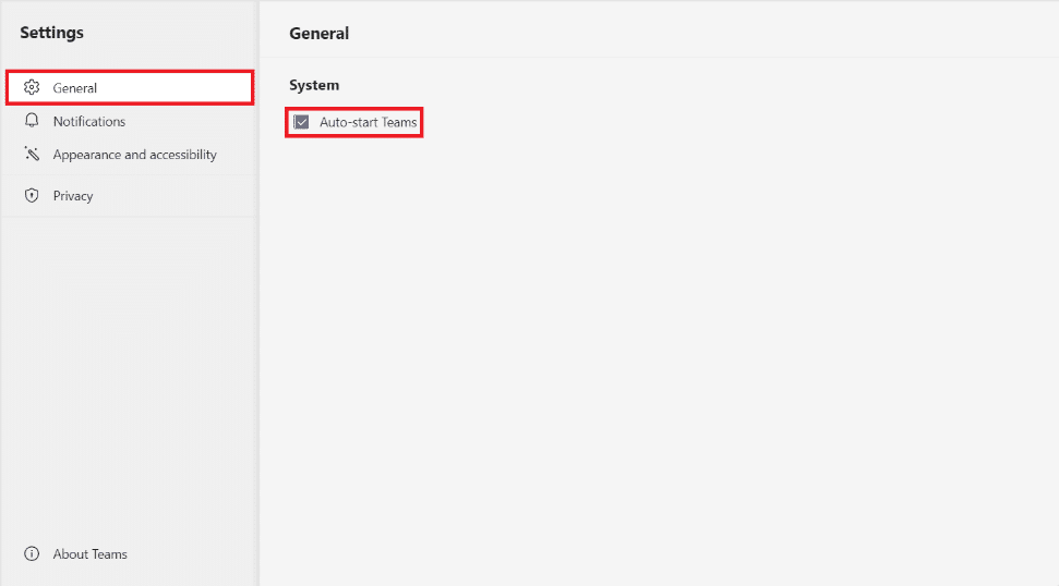Microsoft Teams の[全般]タブ。  Windows 11 で Microsoft Teams が自動的に開かないようにする方法