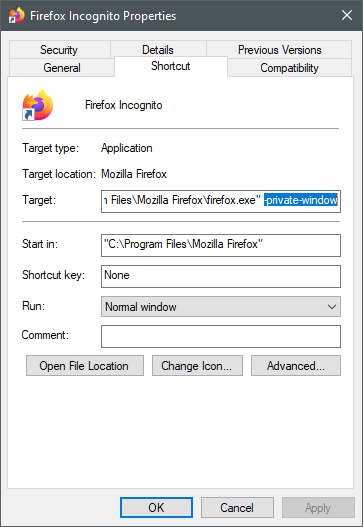 パラメーターを使用して Windows 10 ショートカットを作成するには、ターゲットに引数を追加する必要があります
