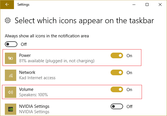 音量または電源または非表示のシステム アイコンがオンになっていることを確認します