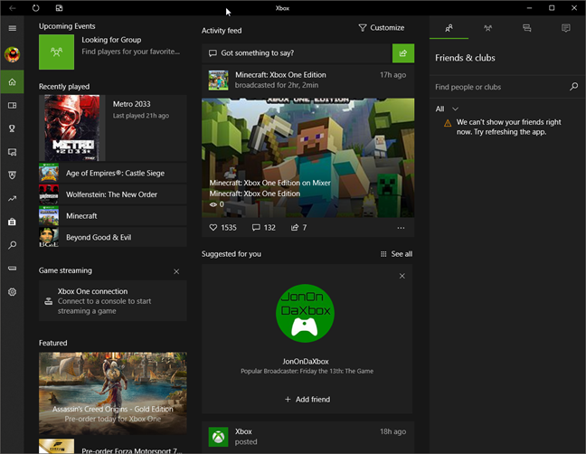Xbox ネットワーク、Windows 10