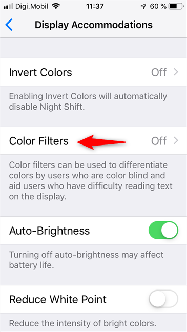 iOS でのカラー フィルターの入力