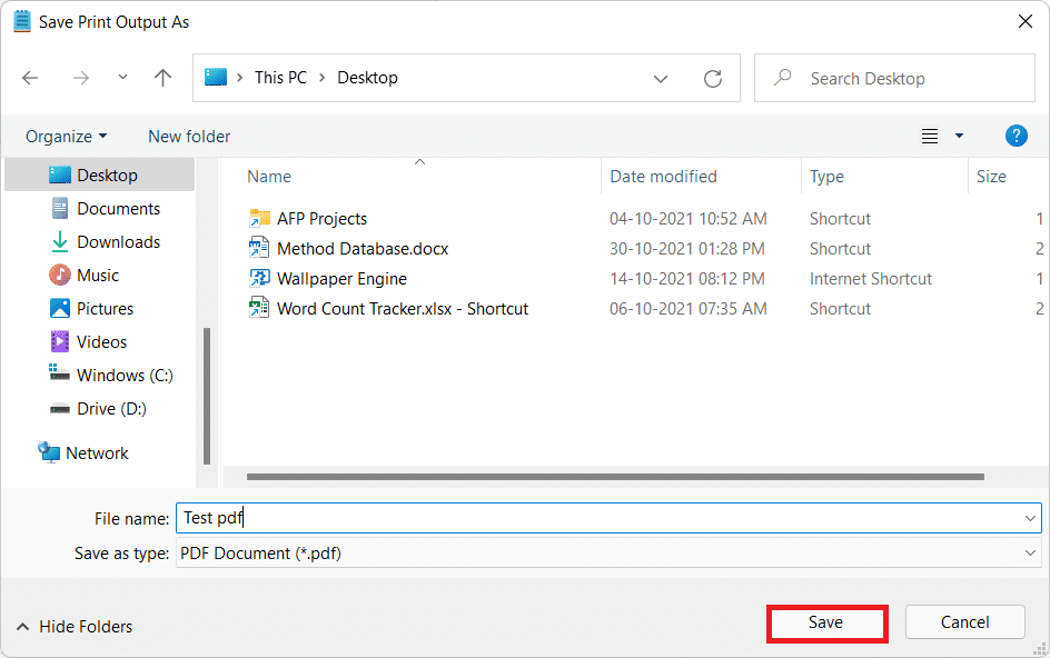 印刷出力を名前を付けて保存ダイアログ。  Windows 11 で PDF ファイルを作成する方法