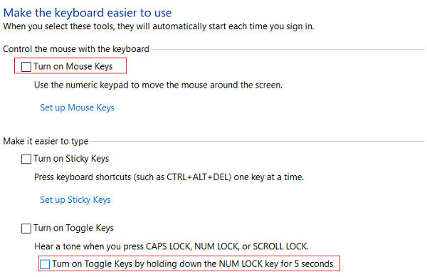 [マウス キーをオンにする]と[NumLock キーを 5 秒間押してトグル キーをオンにする]のチェックを外します