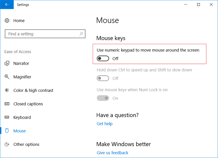 [数字キーパッドを使用して画面上でマウスを移動する]のトグルを無効にします
