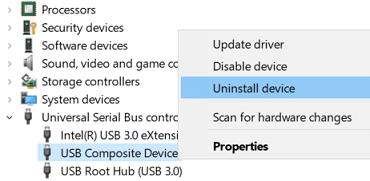 USB Composite Device を右クリックし、[アンインストール]を選択します。