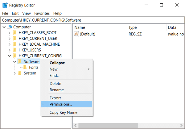 HKEY_CURRENT_CONFIG の下の Software フォルダーを右クリックし、[アクセス許可]を選択します。