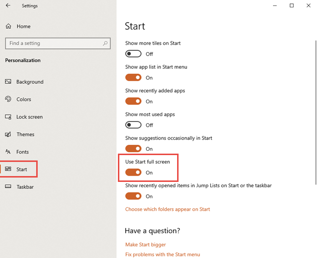 Windows 10 のスタート メニューの設定