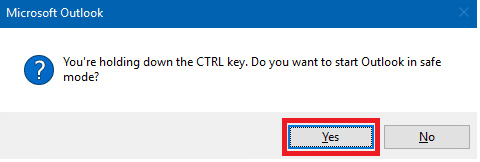 [はい]ボタンをクリックして Outlook をセーフ モードで実行します