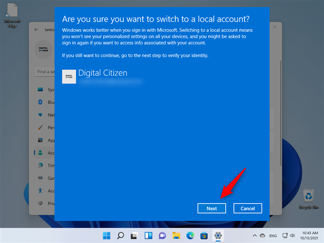 Windows 11 でローカル アカウントに切り替えるプロセスを続行する