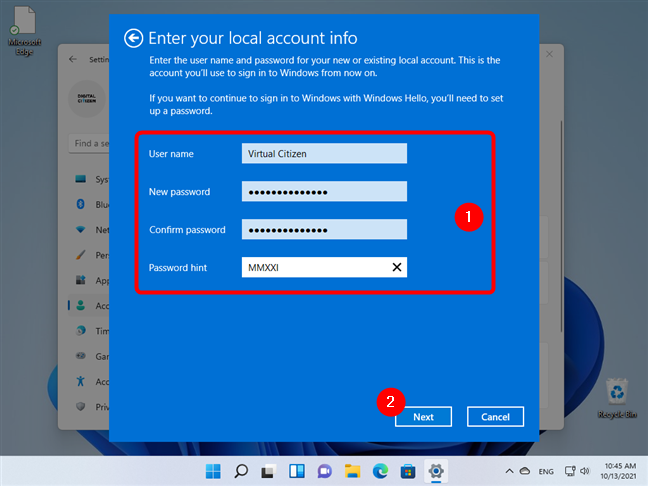 ローカルの Windows 11 ユーザー アカウントの詳細を入力します