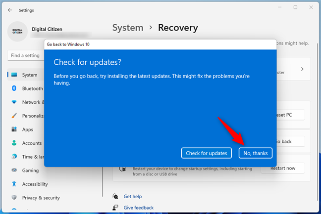 Windows 11 から更新プログラムの確認を求められたら、[いいえ]を選択します