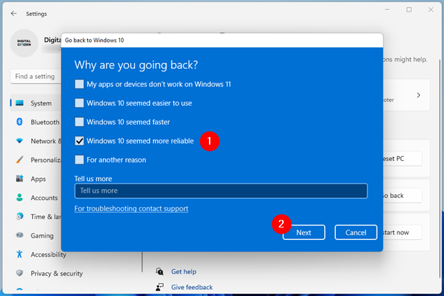 Windows 10 に切り替えたい理由を Microsoft に伝える