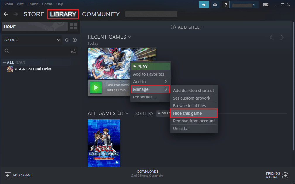 特定のメニューでこのゲームを非表示にするをクリックします