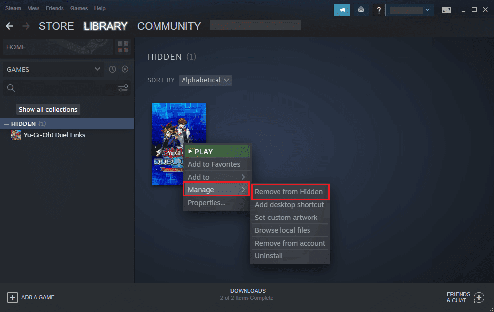 非表示から削除をクリックして、ゲームを Steam ライブラリに戻します。