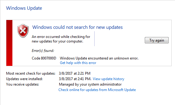 Windows Update エラーコード 0x8007000D を修正
